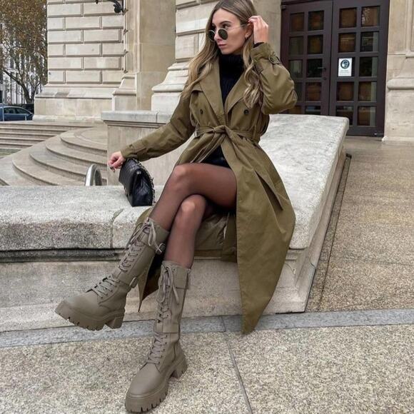 ZARA BLOGGER FAVORITE WAXED FINISH LACED BOOTS 10 army green combat viral TikTok - Picture 3 of 14